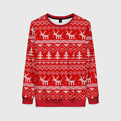 Свитшот женский Новогодний узор с оленями и елкой, цвет: 3D-красный