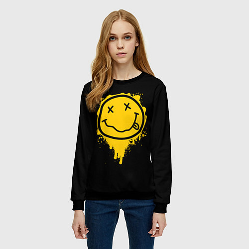 Женский свитшот NIRVANA LOGO SMILE, БРЫЗГИ КРАСОК / 3D-Черный – фото 3