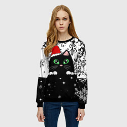 Свитшот женский Новогодний кот в колпаке Санты цвета 3D-черный — фото 2