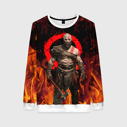 Женский свитшот GOD OF WAR РАГНАРЁК, КРАТОС В ОГНЕ / 3D-Белый – фото 1