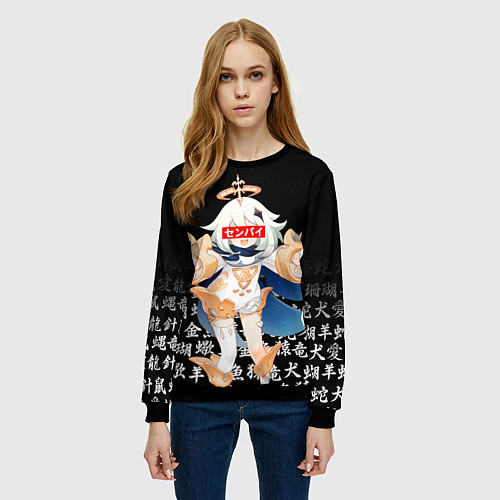 Женский свитшот GENSHIN IMPACT SENPAI ИЕРОИГЛИФЫ / 3D-Черный – фото 3