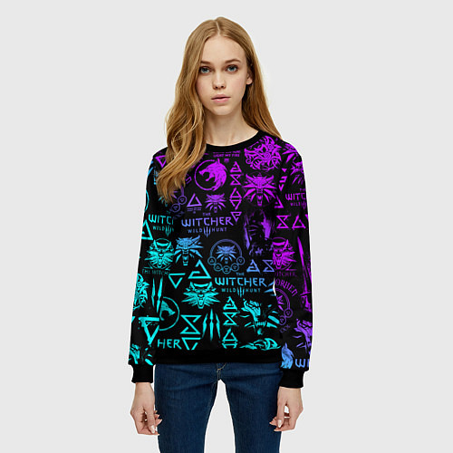 Женский свитшот ВЕДЬМАК ЛОГОБОМБИНГ НЕОН / 3D-Черный – фото 3