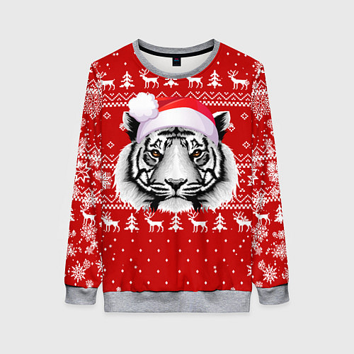 Женский свитшот НОВОГОДНИЙ СВИТЕР С БЕЛЫМ ТИГРОМ 2022 / 3D-Меланж – фото 1