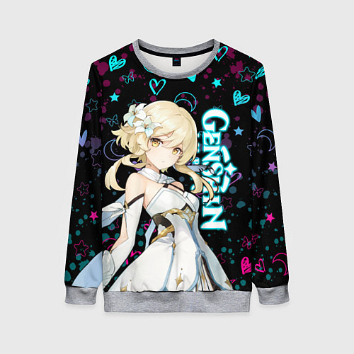 Женский свитшот ГЕНШИН ИМПАКТ ЛЮМИН, НЕОНОВЫЕ СЕРДЕЧКИ / 3D-Меланж – фото 1
