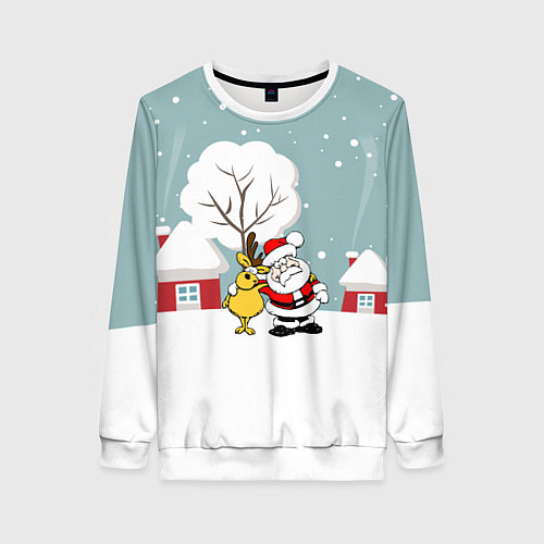 Женский свитшот Деревенский Новый Год Дед Мороз и Олень / 3D-Белый – фото 1