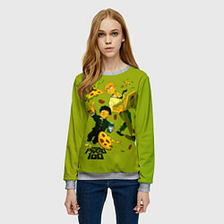 Свитшот женский Шигео, Ямочки и Рэйгэн налет на пиццу - Mob Psycho, цвет: 3D-меланж — фото 2