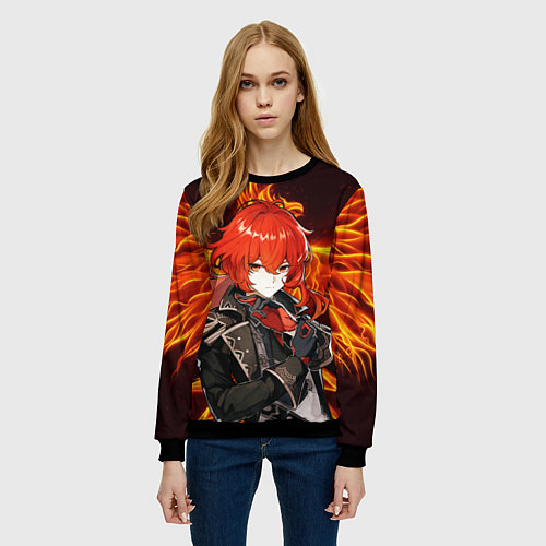 Женский свитшот ОГНЕННЫЙ ФЕНИКС ДИЛЮК, ГЕНШИН ИМПАКТ / 3D-Черный – фото 3