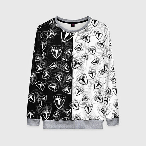 Женский свитшот TESLA BLACK AND WHITE LOGO PATTERN / 3D-Меланж – фото 1