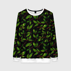 Свитшот женский Яркие зеленые листья на черном фоне, цвет: 3D-белый