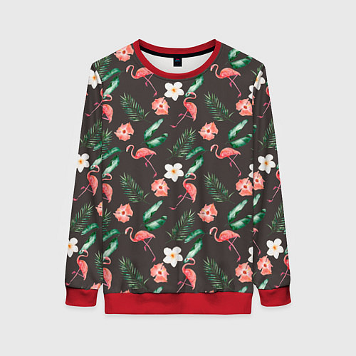 Женский свитшот Фламинго и цветы паттерн / 3D-Красный – фото 1