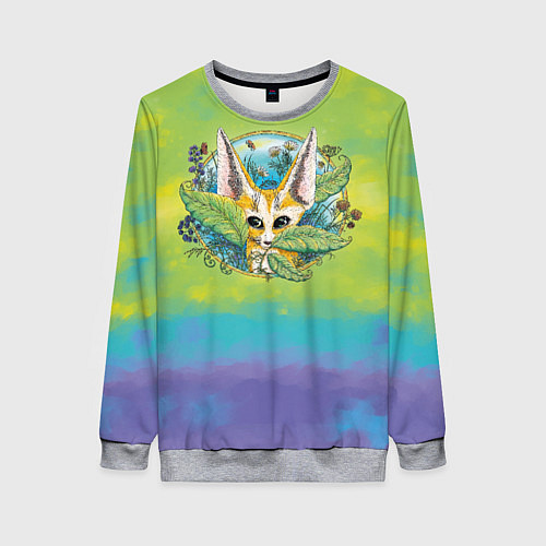 Женский свитшот Лиса фенек среди цветов / 3D-Меланж – фото 1