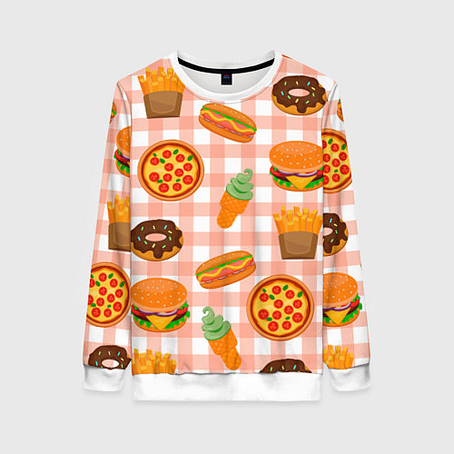 Женский свитшот PIZZA DONUT BURGER FRIES ICE CREAM pattern / 3D-Белый – фото 1