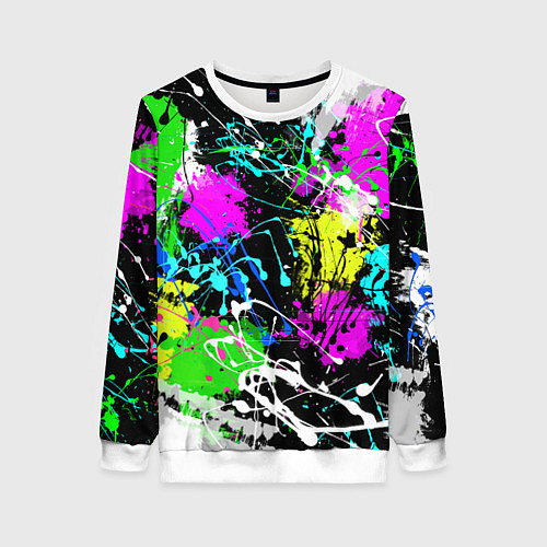 Женский свитшот Разноцветные пятна краски на черном фоне / 3D-Белый – фото 1