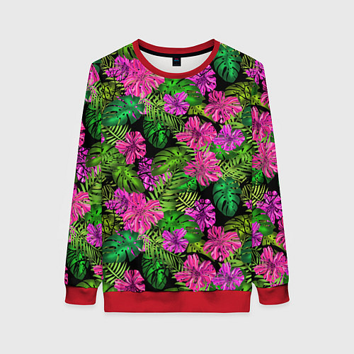 Женский свитшот Тропические листья и цветы на черном фоне / 3D-Красный – фото 1