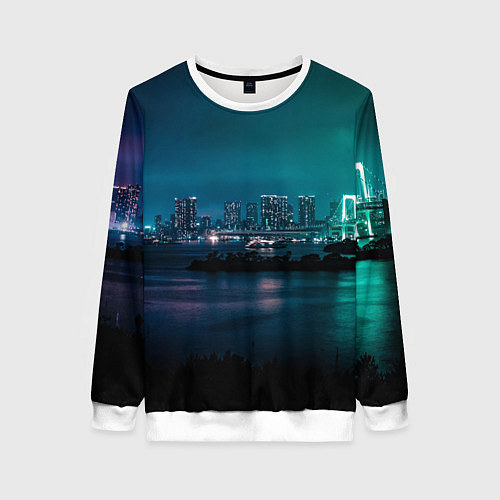 Женский свитшот Неоновый город с рекой - Светло-зелёный / 3D-Белый – фото 1