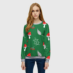 Свитшот женский Грибочки на зеленом фоне, паттерн, цвет: 3D-меланж — фото 2