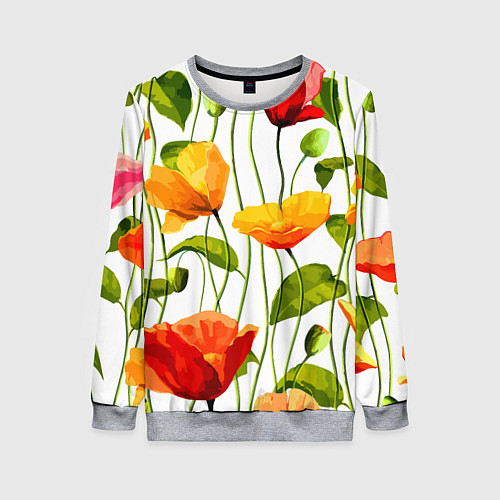 Женский свитшот Волнообразный узор из цветков мака Лето / 3D-Меланж – фото 1