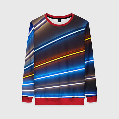 Женский свитшот Неоновые фонари на линиях - Голубой и оранжевый / 3D-Красный – фото 1