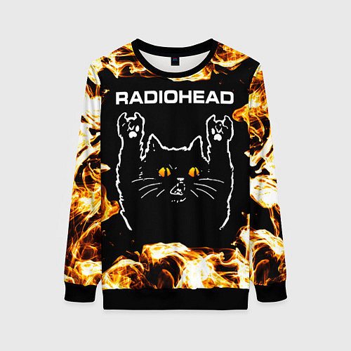 Женский свитшот Radiohead рок кот и огонь / 3D-Черный – фото 1