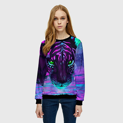 Женский свитшот Светящийся неоновый тигр / 3D-Черный – фото 3