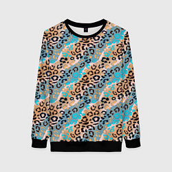 Свитшот женский Леопардовый узор на синих, бежевых диагональных по, цвет: 3D-черный