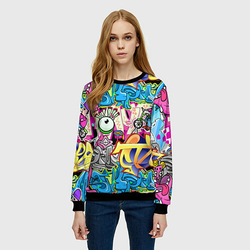 Женский свитшот Велосипедист и глаз граффити / 3D-Черный – фото 3