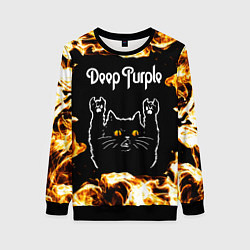 Свитшот женский Deep Purple рок кот и огонь, цвет: 3D-черный