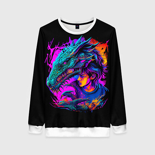 Женский свитшот Дракон и девушка - поп арт / 3D-Белый – фото 1