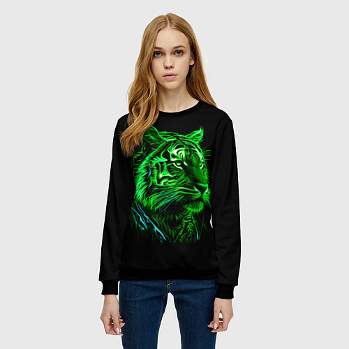 Женский свитшот Нейросеть: неоновый зелёный тигр / 3D-Черный – фото 3