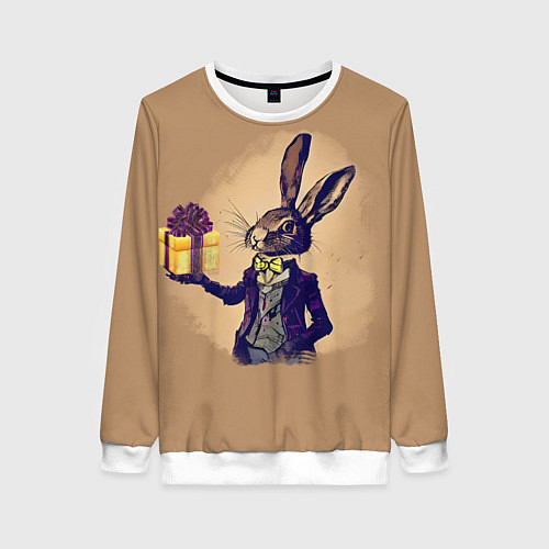 Женский свитшот Кролик в костюме с подарком / 3D-Белый – фото 1