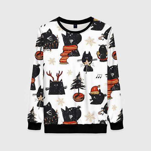 Женский свитшот Черные котики новогодний узор / 3D-Черный – фото 1