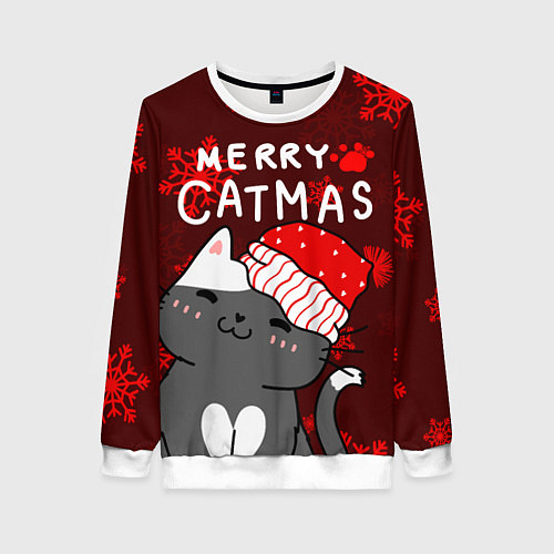 Женский свитшот Новогодние снежинк и котик в шапочке / 3D-Белый – фото 1