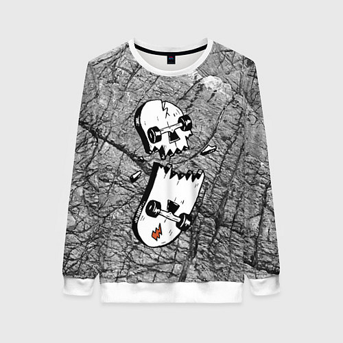 Женский свитшот Расколотый скейтборд - иллюзия черепа / 3D-Белый – фото 1