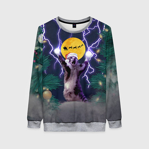 Женский свитшот Новогодний кот с молниями / 3D-Меланж – фото 1