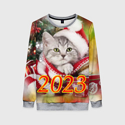 Свитшот женский Котенок в новогодней шапочке, цвет: 3D-меланж