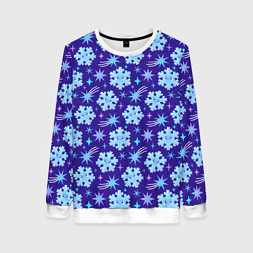 Женский свитшот Снежинки со звездами в синем небе / 3D-Белый – фото 1