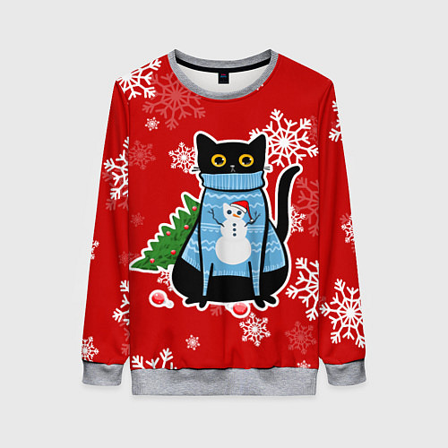 Женский свитшот Котик в свитере с ёлочкой / 3D-Меланж – фото 1