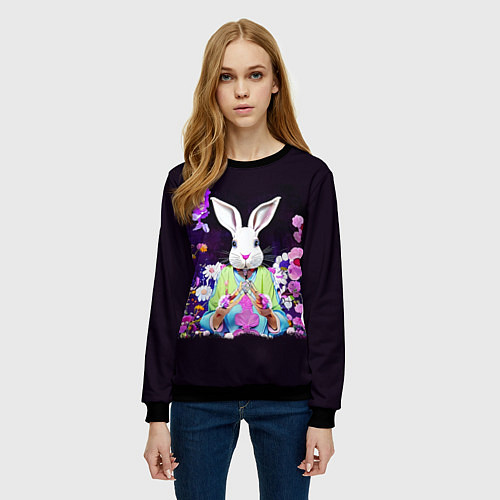 Женский свитшот Кролик в цветах на черном фоне / 3D-Черный – фото 3