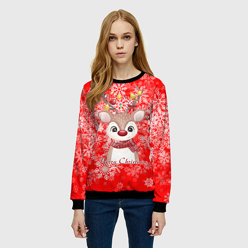 Женский свитшот Милый олень и белые снежинки / 3D-Черный – фото 3