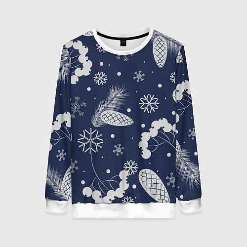 Женский свитшот Зимние ягоды и шишки на синем фоне / 3D-Белый – фото 1
