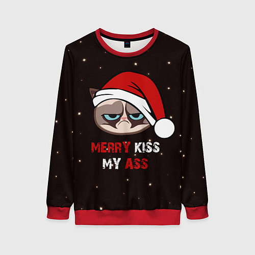 Женский свитшот Новогодний кот мем - грубиян / 3D-Красный – фото 1