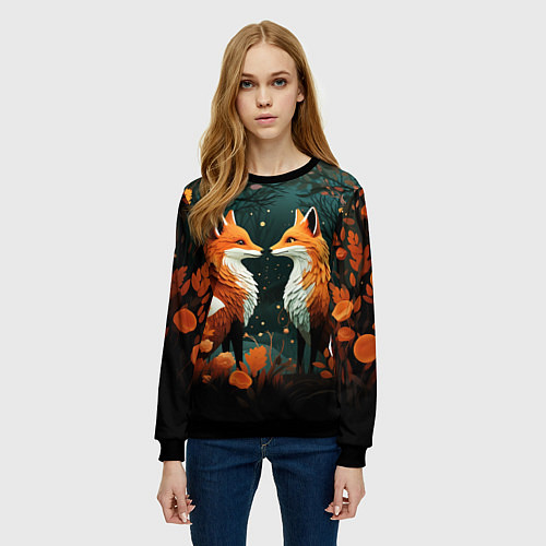 Женский свитшот Две лисоньки в стиле Folk Art / 3D-Черный – фото 3