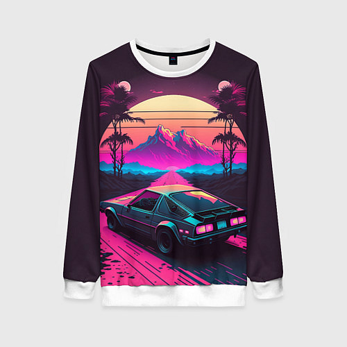 Женский свитшот Synthwave car and mountains / 3D-Белый – фото 1