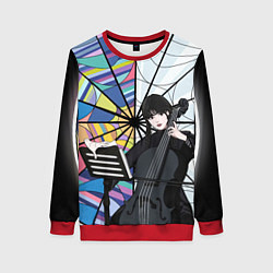 Женский свитшот Уэнсдэй играет на виолончели на фоне окна