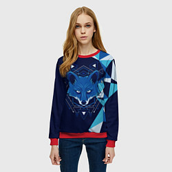 Свитшот женский Голова синей лисы, цвет: 3D-красный — фото 2
