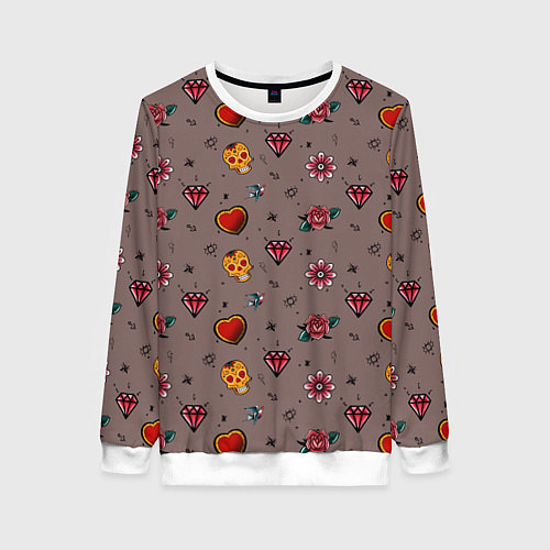 Женский свитшот Паттерн с татуировками в стиле олдскул / 3D-Белый – фото 1