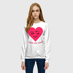 Свитшот женский Красное сердце с улыбкой девушки и приветствием, цвет: 3D-белый — фото 2