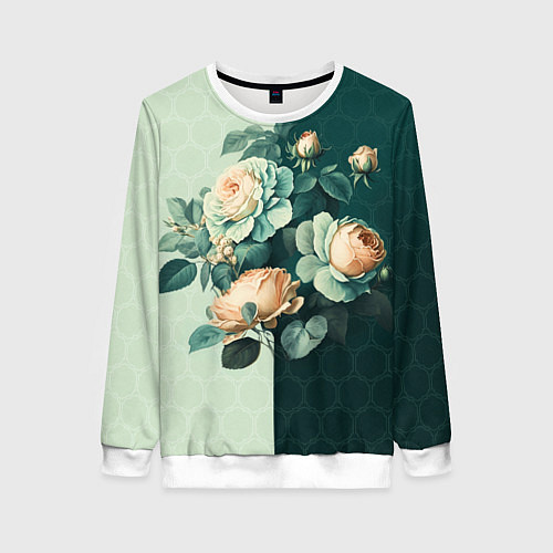 Женский свитшот Розы на зеленом фоне / 3D-Белый – фото 1