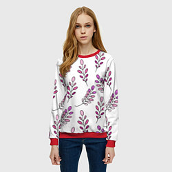 Свитшот женский Дудл листья на белом - паттерн, цвет: 3D-красный — фото 2