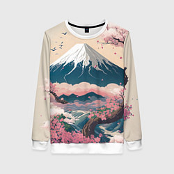 Свитшот женский Японский пейзаж: цветение сакуры у горы Фудзияма, цвет: 3D-белый